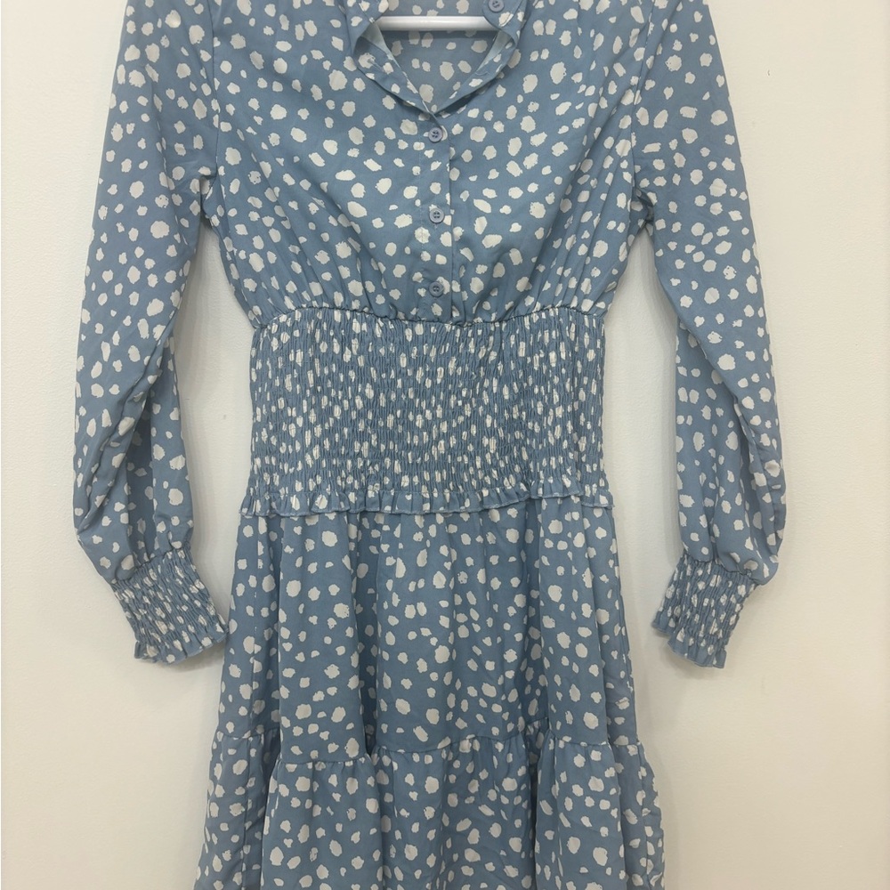 M PrettyGarden Blue and White Polka Dot Shirred Waist Mini Dress - Long sleeve